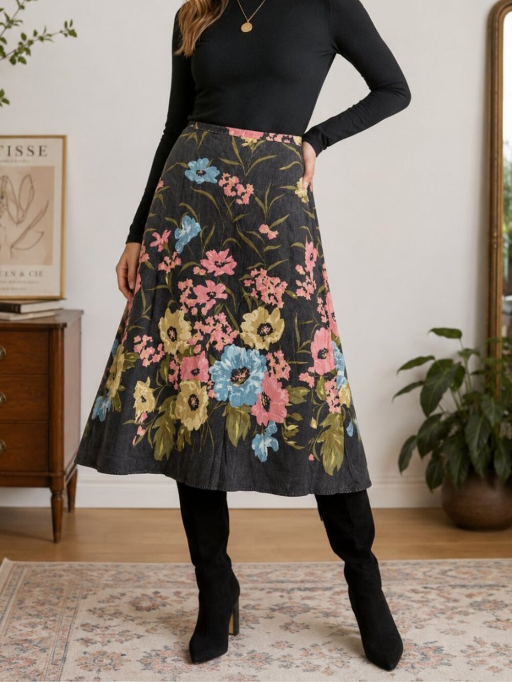 Vintage Y2K AK Anne Klein Floral Cotton Corduroy A Line Skirt 4